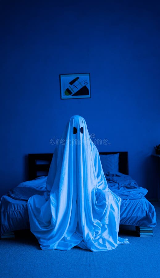 Ghost Sitting on the Bed at House, Closeup. Halloween Concept. Man in