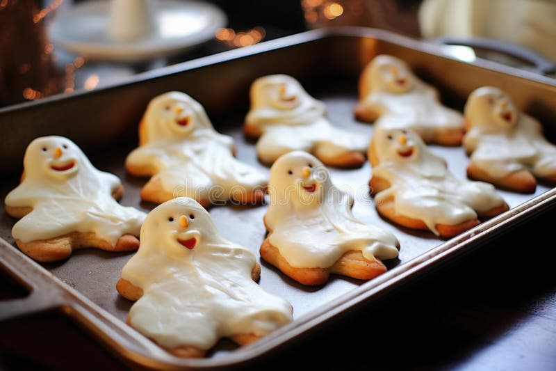 Cookie-uri în formă de fantome pe o foaie de copt royalty free stock photography