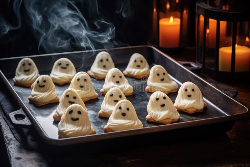 Cookie-uri în formă de fantome pe o foaie de copt stock photo
