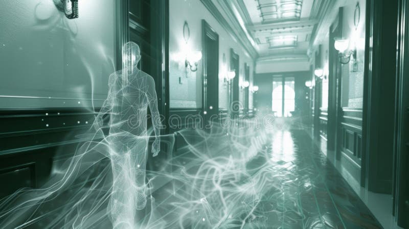 A ghostly figure appears to float down the hallway leaving behind a trail of entangled particles royalty free stock image