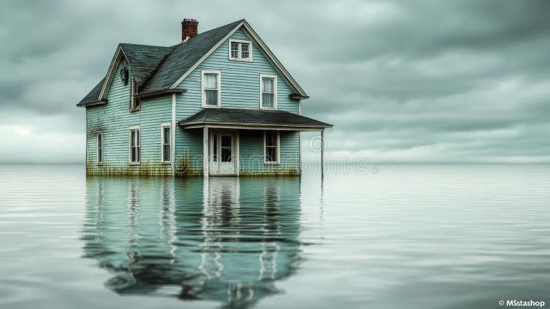 Ghostly Flood jest ilustracją rozpadającego się domu częściowo zanurzonego pod wodą odzwierciedlającego porzucenie i rozpad zdjęcie royalty free