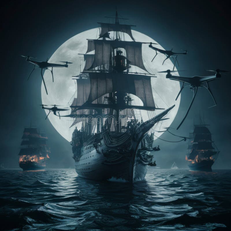 A ghostly pirate ship of the digital age prowling container vessels on a moonlit sea, equipped with drones instead of sails. stock photos