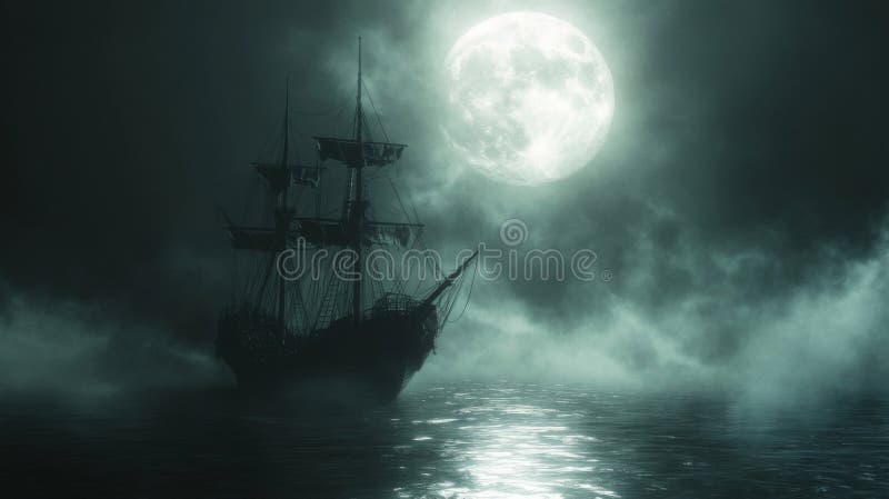 A Ghostly Ship Sailing Under a Full Moon in a Foggy Sea vector illustration