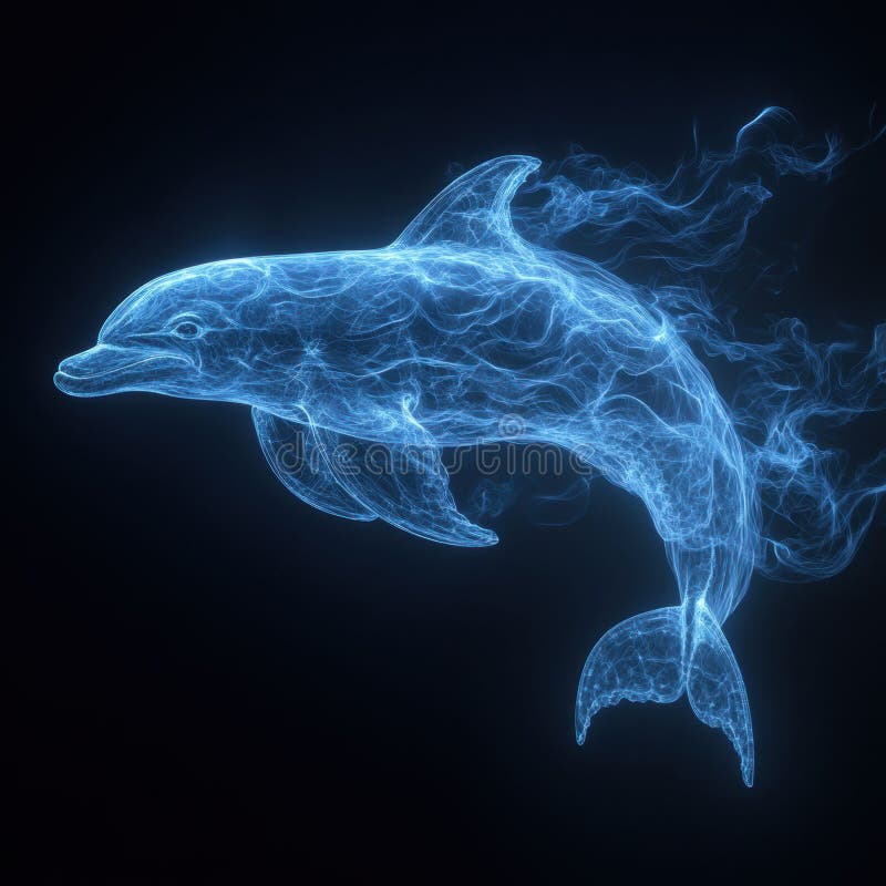 A ghostly, stylized dolphin swimming upward in a dynamic blue water scene, set against a dark, oceanic background The stock photos