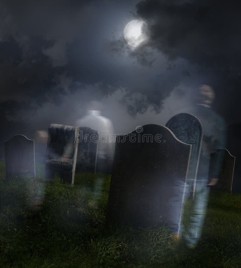 Ghosts wandering in old cemetery