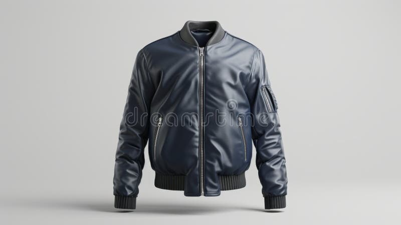 Giacca ombelicale blu marina su fondo bianco - Ai generativo. Un'immagine di alta qualità di una giacca ombelicale blu della marina, con una parte anteriore della cerniera e manette costolute visualizzate su fondo bianco. questa elegante e moderna giacca è perfetta per l'abbigliamento occasionale e offre un tocco di sofisticatezza a qualsiasi vestito. prodotto a base di