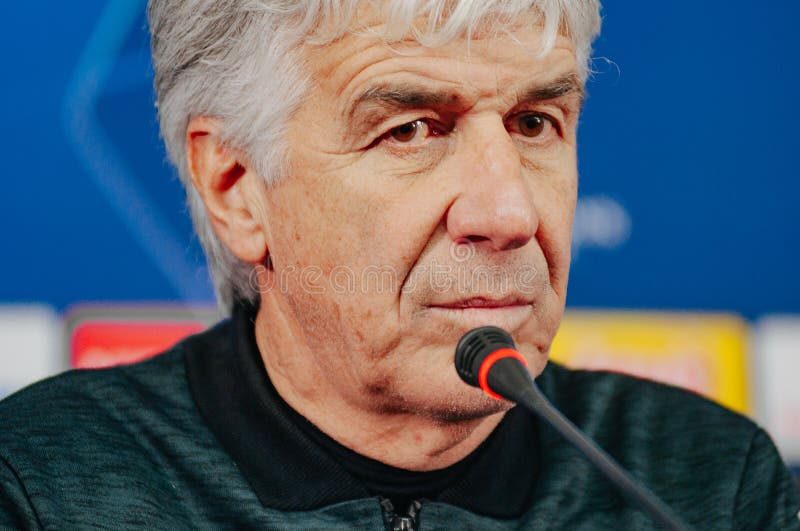 Kharkiv, Ukraine - December 10, 2019: Gian Piero Gasperini head coach of Atalanta and his pre match press conference of the match UEFA league champions Atalanta - Shakhtar