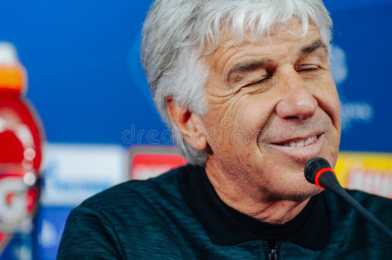 Kharkiv, Ukraine - December 10, 2019: Gian Piero Gasperini head coach of Atalanta and his pre match press conference of the match UEFA league champions Atalanta - Shakhtar