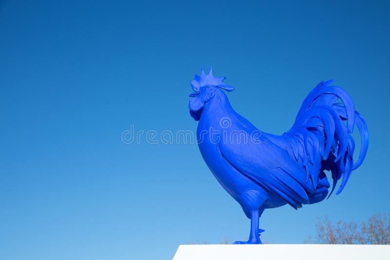 MINNEAPOLIS-MINNESOTA, APRIL 7, 2018: is a sculpture of a giant blue rooster by the German artist Katharina Fritsch. This one is displayed garden at the Walker Art Center in Minneapolis. MINNEAPOLIS-MINNESOTA, APRIL 7, 2018: is a sculpture of a giant blue rooster by the German artist Katharina Fritsch. This one is displayed garden at the Walker Art Center in Minneapolis