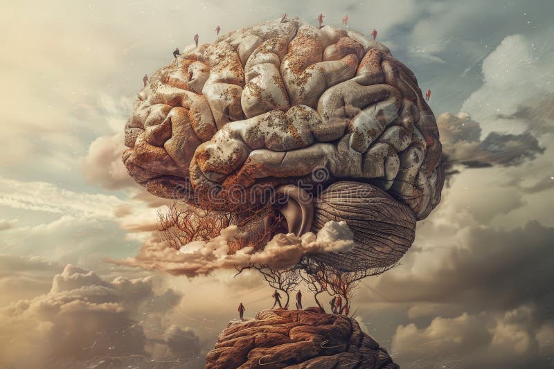 A giant brain towers above the landscape, enveloped by clouds, while tiny figures stock illustration