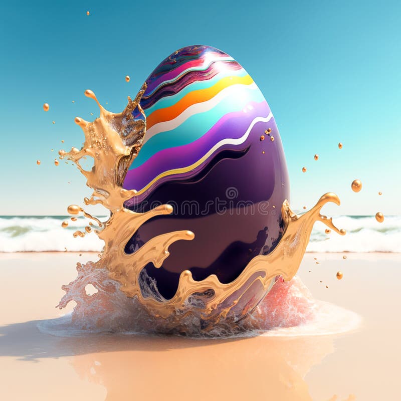 Giant Easter Egg with Splash Effect on the Beach Stock Illustration