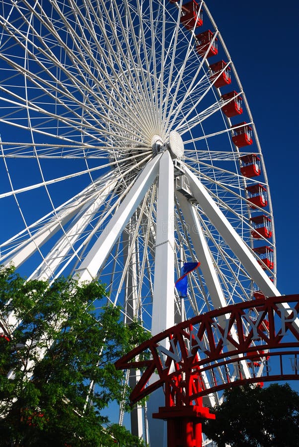 A giant Ferris wheel towers over Navy Pier in Chicago stock photos