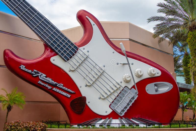 Giant guitar at Rock N Roller Coaster ride stock photo.