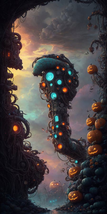 A Giant Halloween Monster Crawling among Carved Jack - O - Lanterns ...