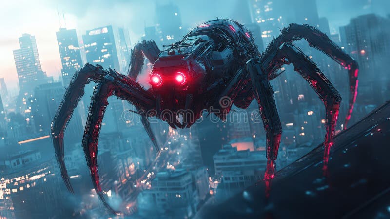 Giant Mechanical Spider Crawls Through Urban Landscape With Glowing Red Eyes at Night stock illustration
