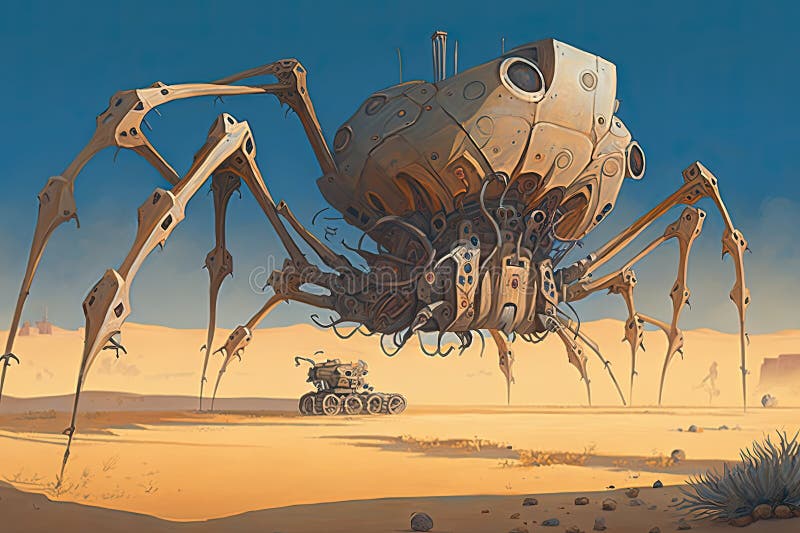 Giant mechanical spider in the desert. Generative AI. royalty free illustration