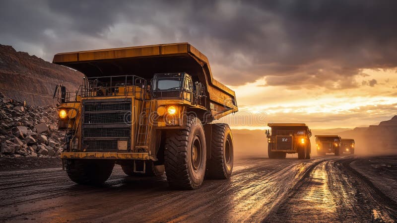 Massive fleet of heavy mining machinery operating in an open-pit mine at sunrise - heavy mining machinery list with price