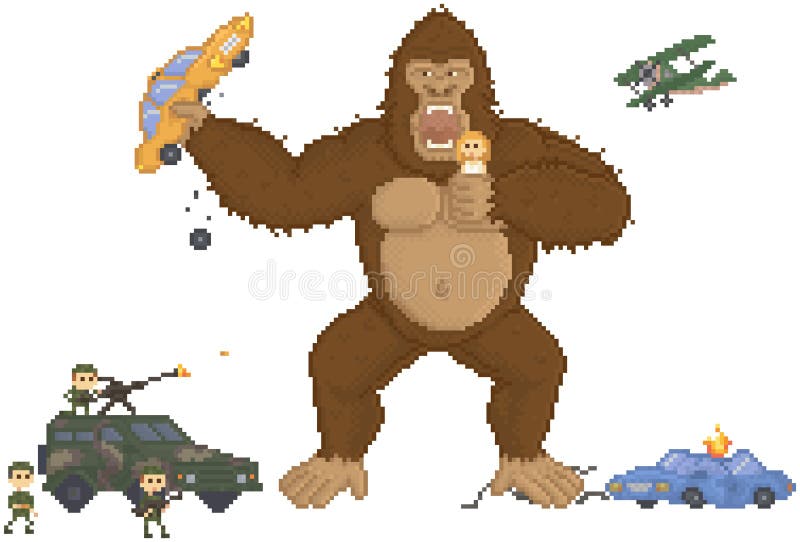 Design De Layout De Jogo Em Pixel Do King Kong. Gorila Ataca Humanidade  Segura Garota E Carro Em Suas Mãos Ilustração do Vetor - Ilustração de  retro, desenho: 214214068