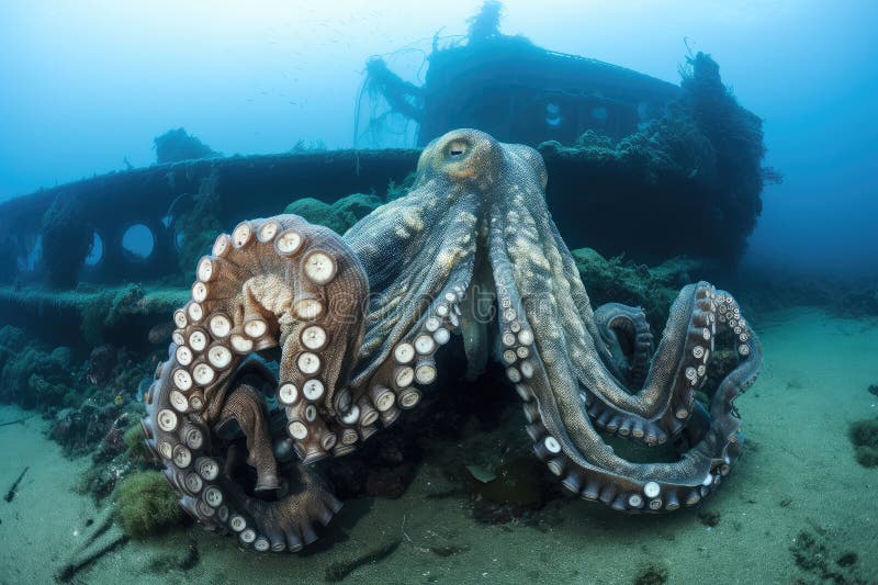 Giant Octopus Wrapping Its Tentacles Around Fishing Boat Stock