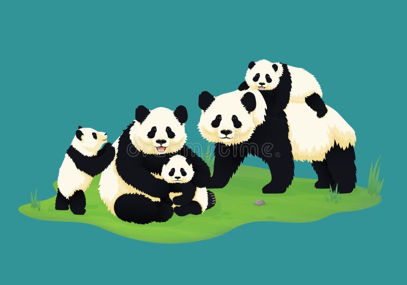 Giant panda family. Two adult pandas with three baby pandas. Chinese bears. royalty free illustration Giant panda family. Two adult pandas with three baby pandas. Chinese bears. royalty free illustration
