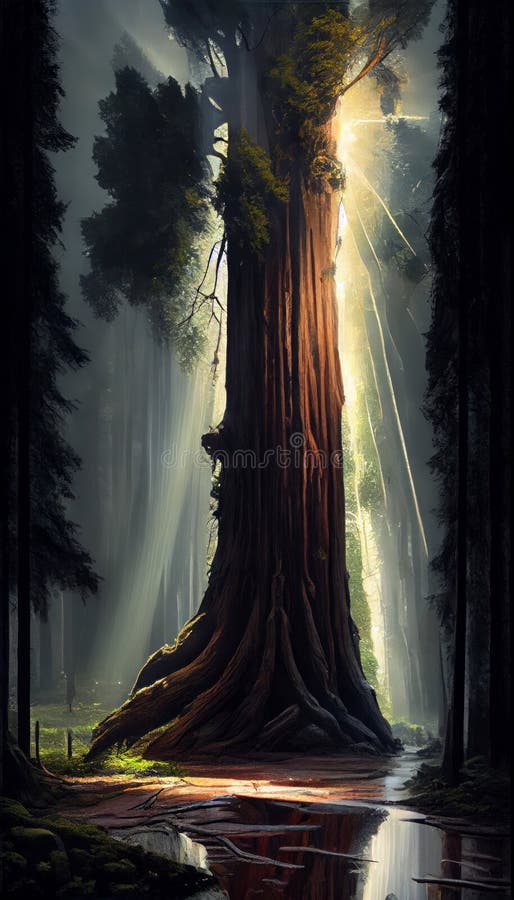 Giant Redwood Tree in an Old Forest Rain Puddles, Sunbeams, and Lens