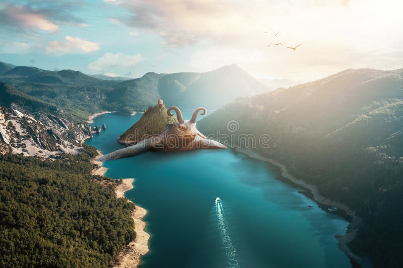 A giant sea turtleis swiming in a potemic between mountains. Unrealistic fantasy and nature concept