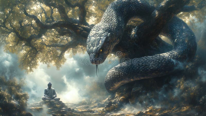 Giant serpent overlooking meditating figure in enchanted forest with mystical atmosphere and ancient tree vector illustration