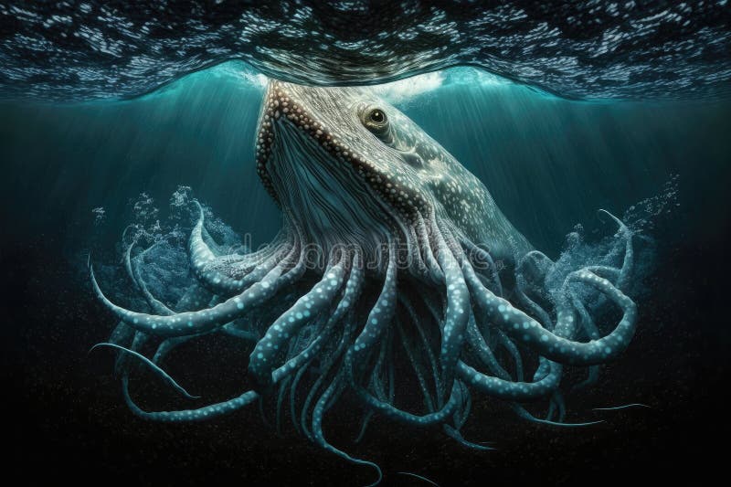 A Giant Squid Swimming through the Ocean, Its Tentacles Undulating