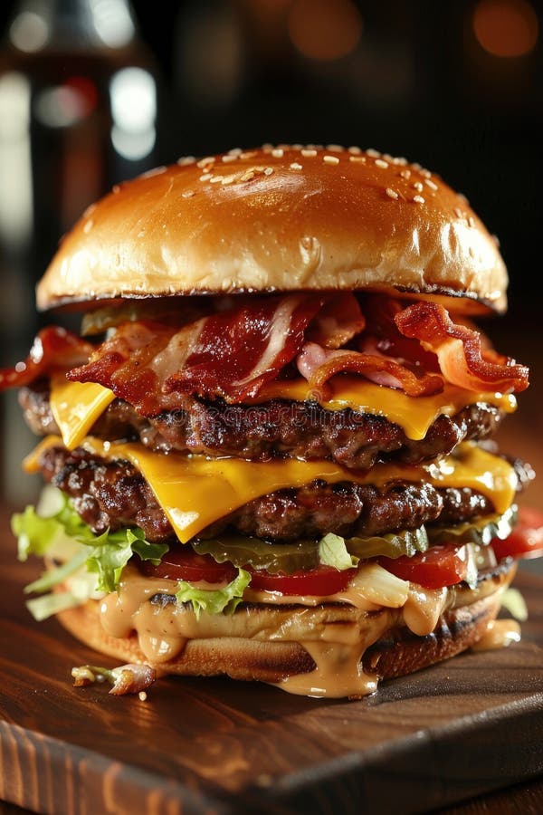 Giant Stacked Cheeseburger with Multiple Beef Patties, Bacon, and Fresh