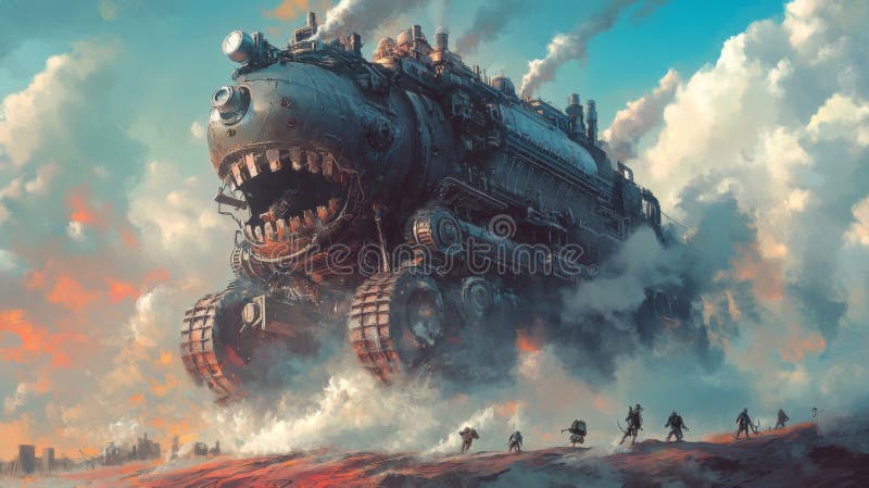 Giant Steampunk Train in a Dramatic Desert Landscape vector illustration