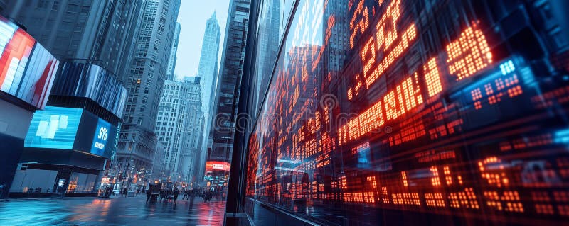 Giant stock market ticker displays financial data on busy street surrounded by skyscrapers during overcast weather royalty free stock photos