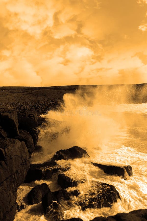 Giant storm waves crashing on cliffs