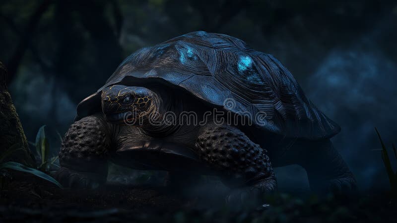 Giant tortoise rests a creature of the forest its shell gleaming large is captured at eye level in low light setting having bright stock illustratie