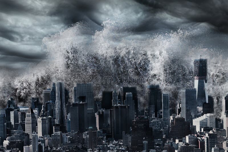 Prílivová vlna Tsunami nad New York City, prírodné katastrofy katastrofy.