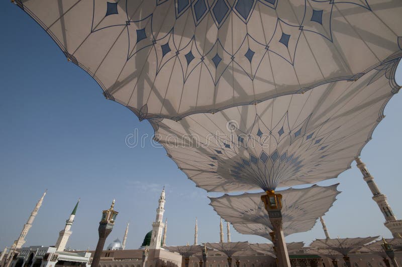 Giant umbrellas at Nabawi Mosque in Medina royalty free stock photos