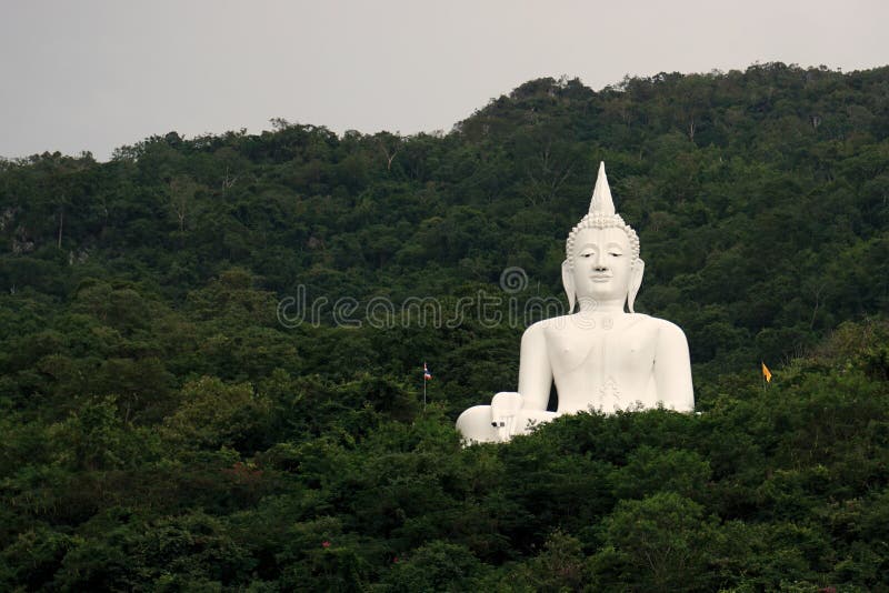 Giant white image of Buddha with green mountain 7