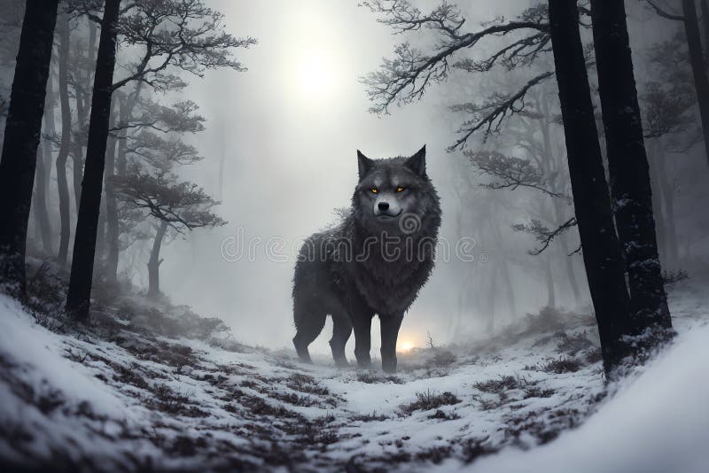 Giant wolf, warg Fenrir, in the cold northern forest at twilight. AI generated