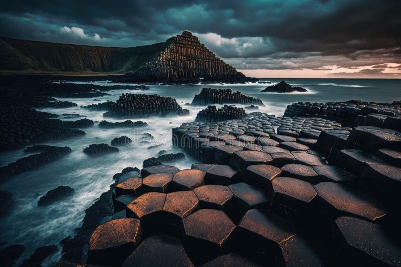 Giants causeway hexagon basalt rock on the sea royalty free stock images