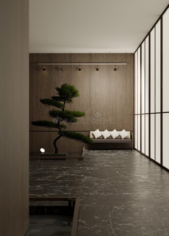 Giappone contemporaneo corridoio congelato giapponese di lusso con pavimento di marmo nero di sofa bonsai royalty illustrazione gratis