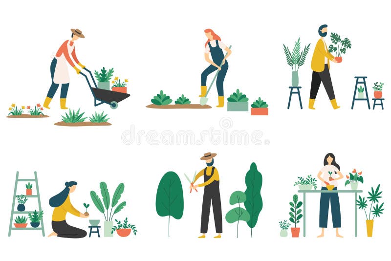 Giardinaggio della gente Donna che pianta i fiori dei giardini, hobby del giardiniere di agricoltura e l'insieme piano dell'illus