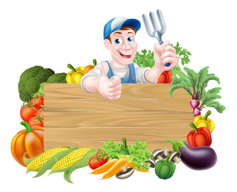 Vegetable gardener cartoon character sign. A cartoon gardener holding a garden fork gardening tool above a wooden sign surrounded by fresh vegetables. Vegetable gardener cartoon character sign. A cartoon gardener holding a garden fork gardening tool above a wooden sign surrounded by fresh vegetables