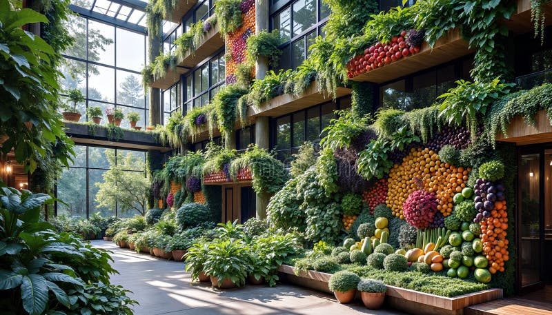 Giardino verticale con verdure vibranti e vegetazione rigogliosa nello spazio moderno illustrazione di stock