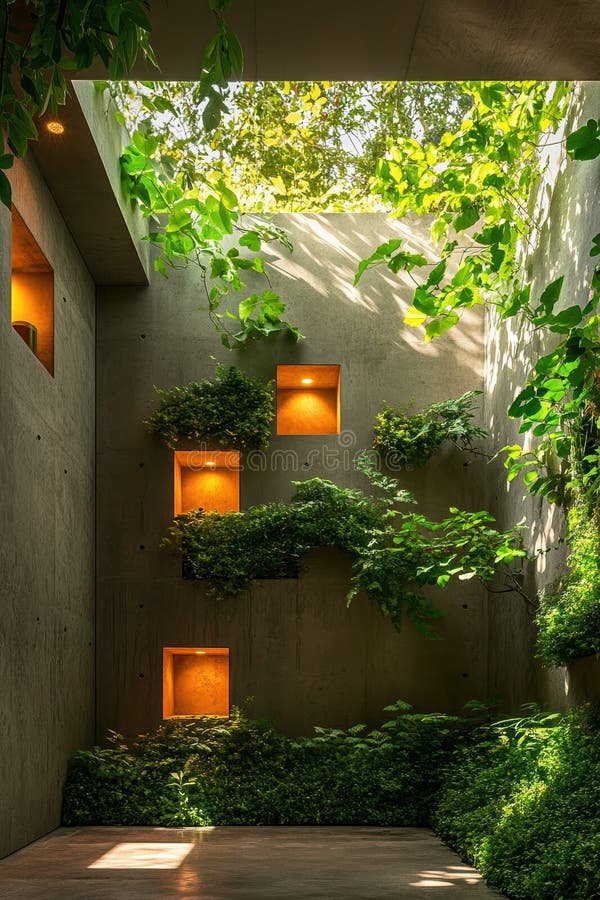 Giardino verticale di risalita con soffitto aperto illuminato dal sole e finestre geometriche nello spazio moderno di calcestruzzo royalty illustrazione gratis