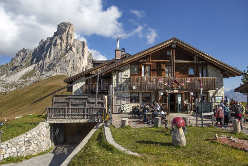 View of Giau Hotel at Giau Pass in the Dolomites, Belluno Province
