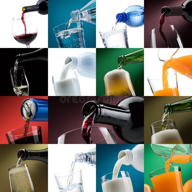 Pouring drinks into glasses photo collection mosaic: soft drink can, beer, wine, water, orange juice and milk. Pouring drinks into glasses photo collection mosaic: soft drink can, beer, wine, water, orange juice and milk