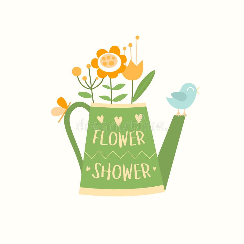 Gieter met bloemen, vogel en vlinder, het vectormalplaatje van de bloemwinkel logotype, embleemontwerp stock illustratie Gieter met bloemen, vogel en vlinder, het vectormalplaatje van de bloemwinkel logotype, embleemontwerp stock illustratie