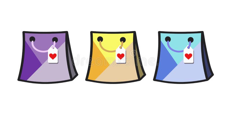Gift bag icon set with heart tags. Flat vector in purples, yellows and blues. vector illustration Gift bag icon set with heart tags. Flat vector in purples, yellows and blues. vector illustration