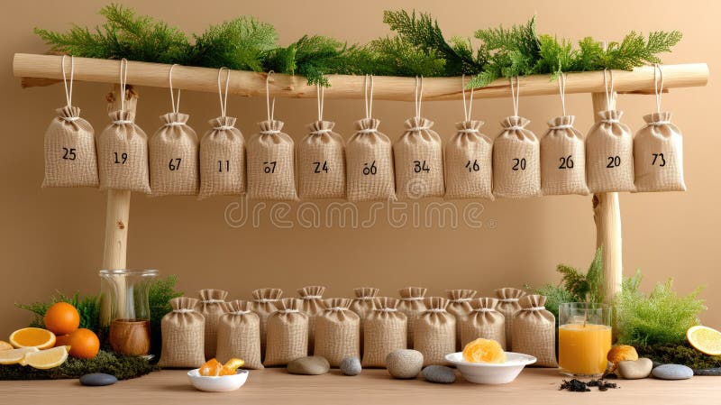 Gift bags are carefully displayed on a string, surrounded by fresh oranges, herbs, and natural elements on a wooden tabletop royalty free stock photography