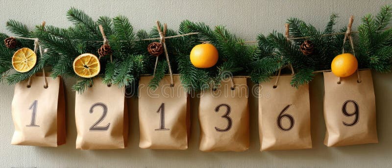 Gift bags are carefully displayed on a string, surrounded by fresh oranges, herbs, and natural elements on a wooden tabletop royalty free stock photos