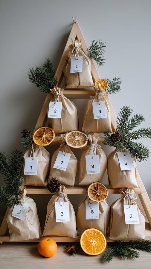 Gift bags are carefully displayed on a string, surrounded by fresh oranges, herbs, and natural elements on a wooden tabletop stock photos